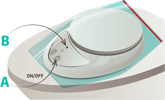 Step 3 — pressing the ON/OFF button, green indicator turns on
