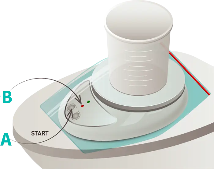 Step 5 — START button pressed, both indicators (green and red) are on